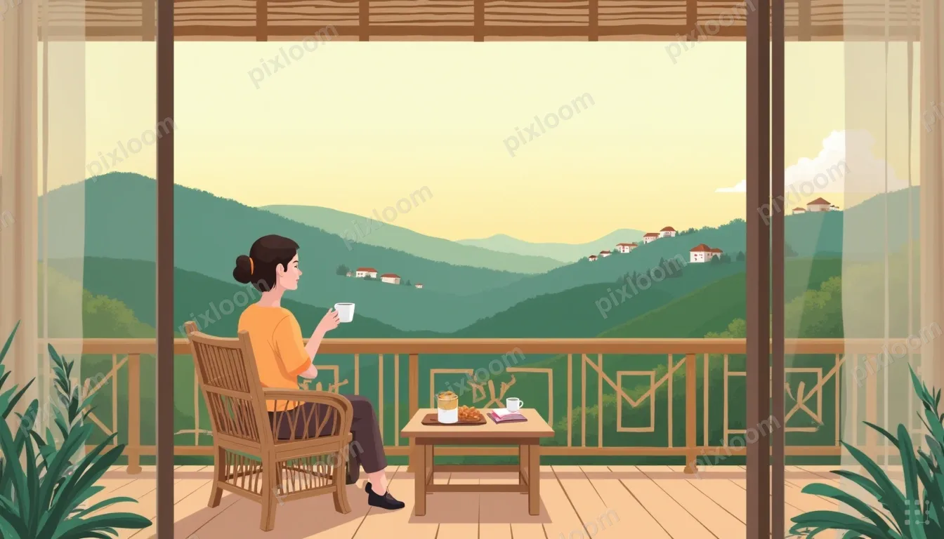 A woman sits in a wicker chair on a covered balcony, holding