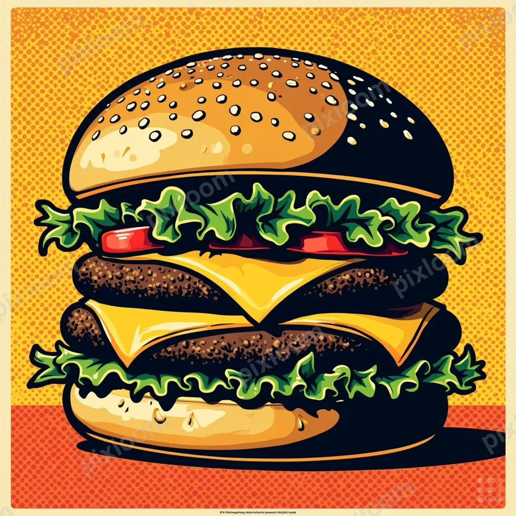 Pop art style hamburger — bold primary colors, thick outline