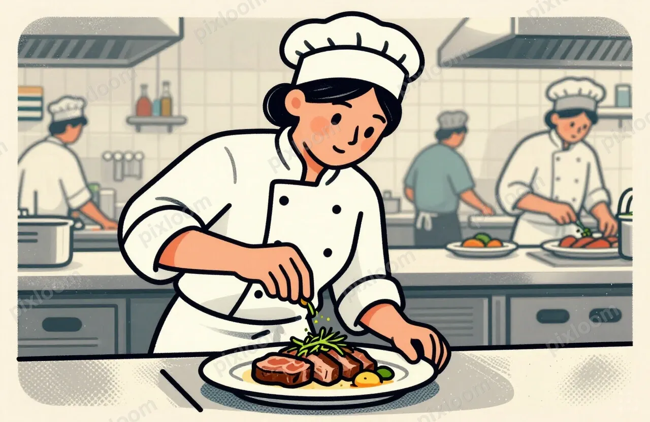 A female chef in a chef's jacket and a head wrap garnishes a
