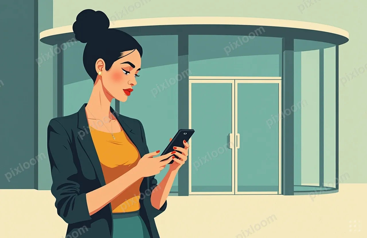 A woman stands outdoors in front of a modern glass office bu