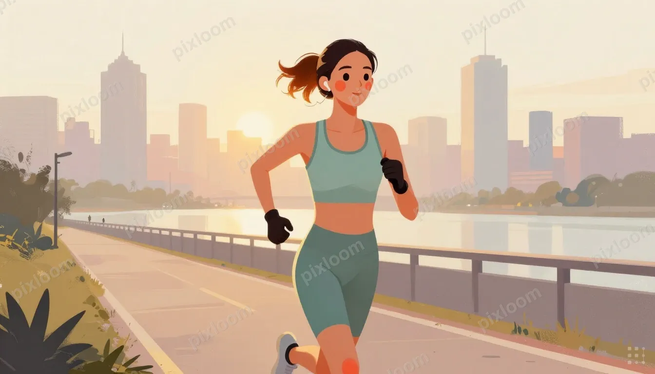 Athletic woman running along a city trail at sunrise, wearin