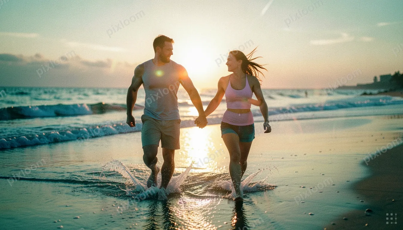 A man and a woman run hand-in-hand along a wet beach at suns