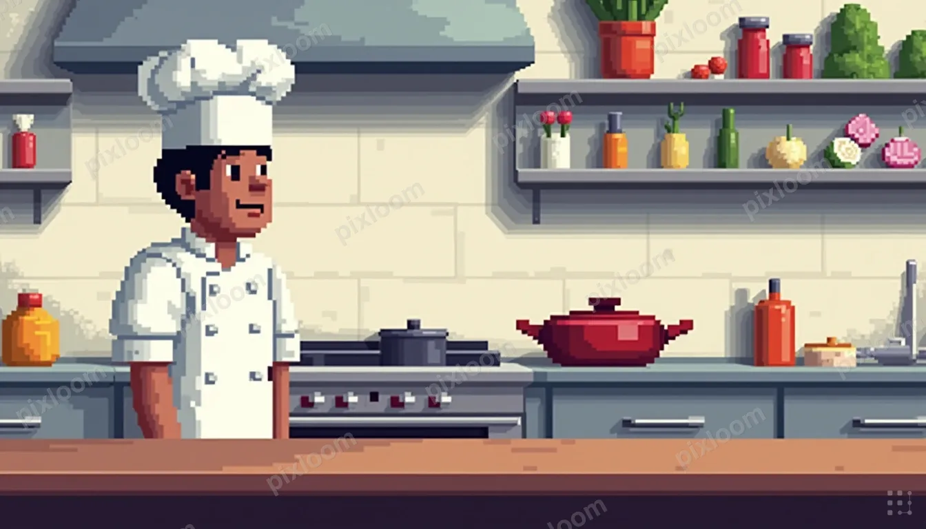 Pixel art kitchen scene with chef character cooking, pots on