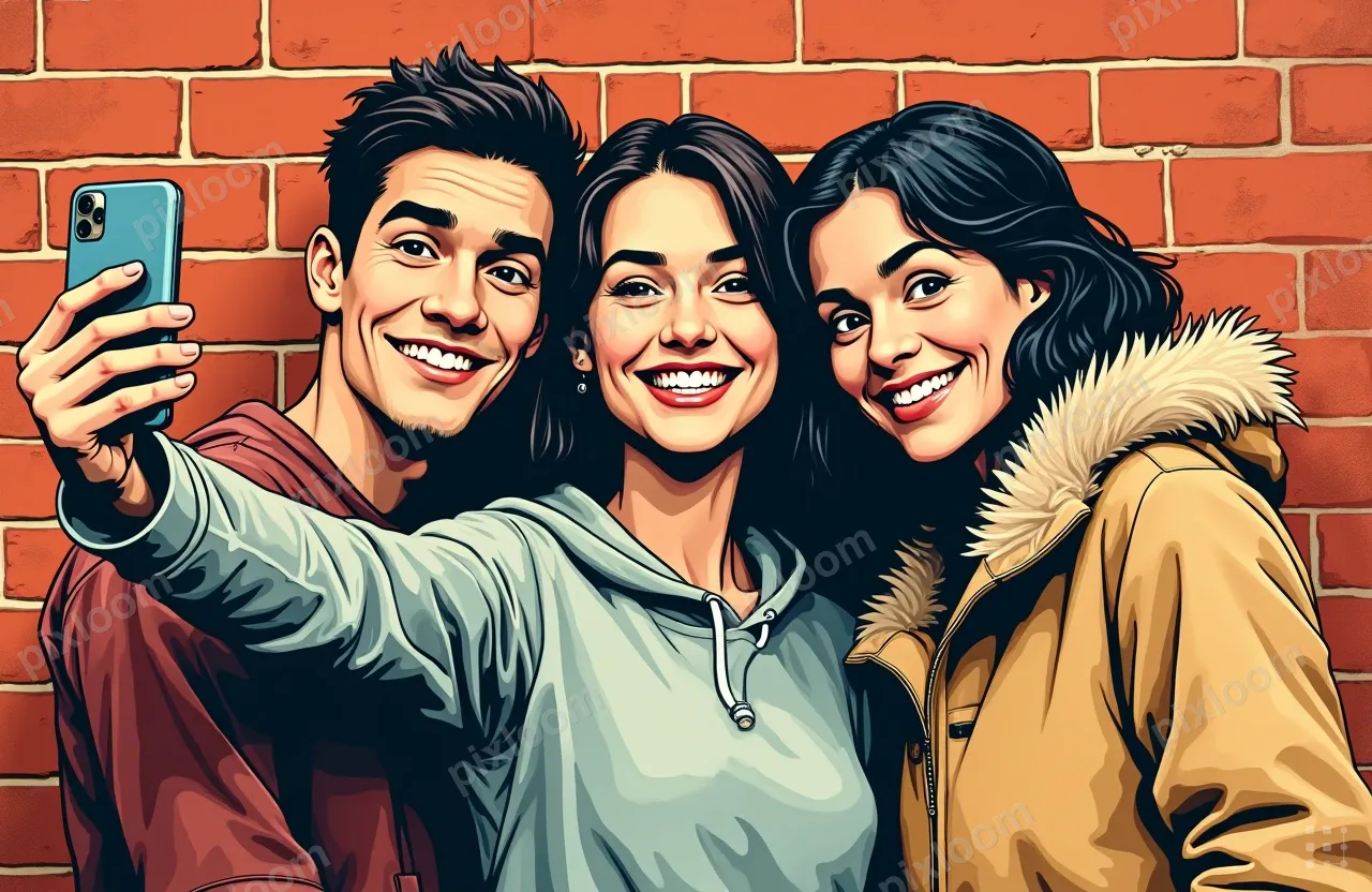 Three friends posing for a group selfie against a brick wall