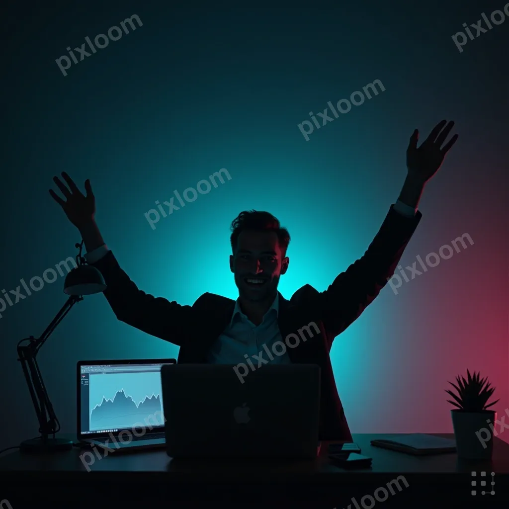 Entrepreneur celebrating a milestone alone at their desk, ar