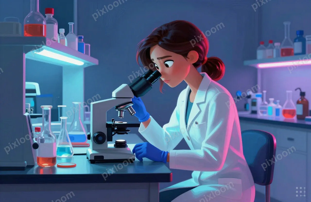 A woman in a lab coat sits at a laboratory bench, looking in