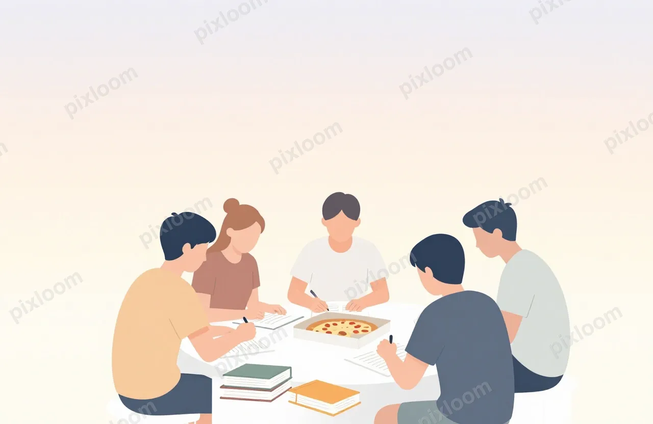 teens style study group in a bedroom, pizza boxes, textbooks