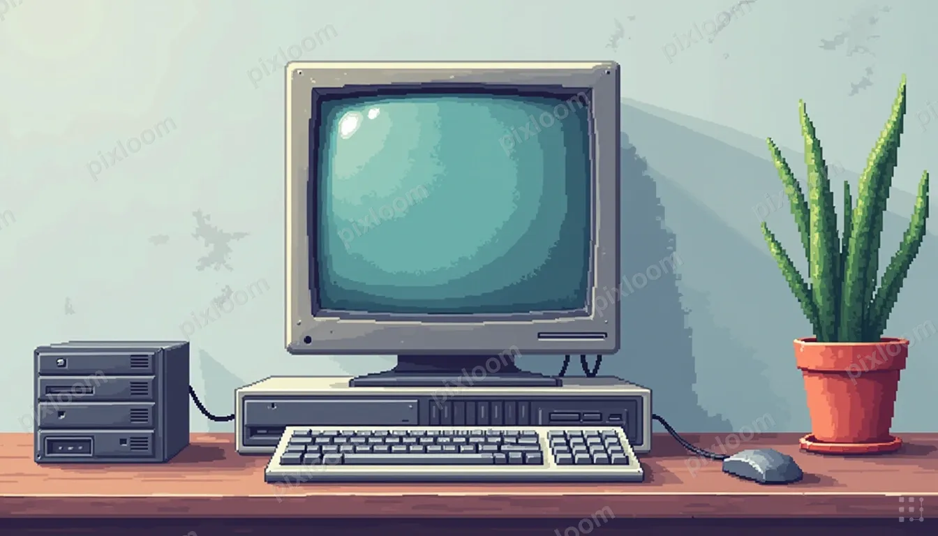 Pixel art retro computer setup — CRT monitor, chunky keyboar