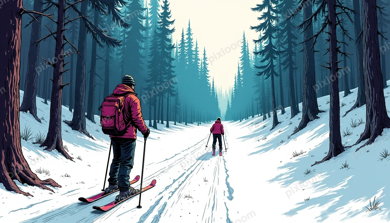 Rear view, wide shot of a man and a boy skiing down a snow-c