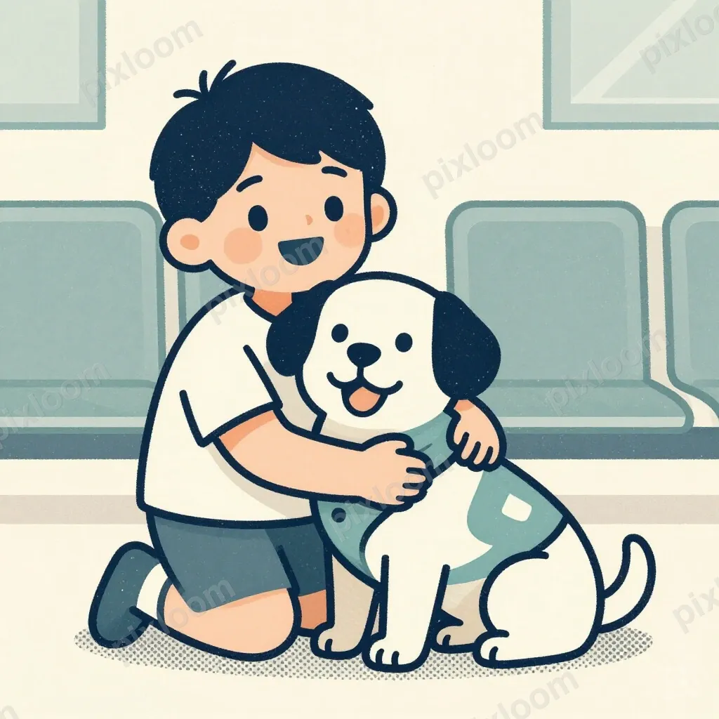 Child hugging a therapy dog, big smile, comfort animal vest,
