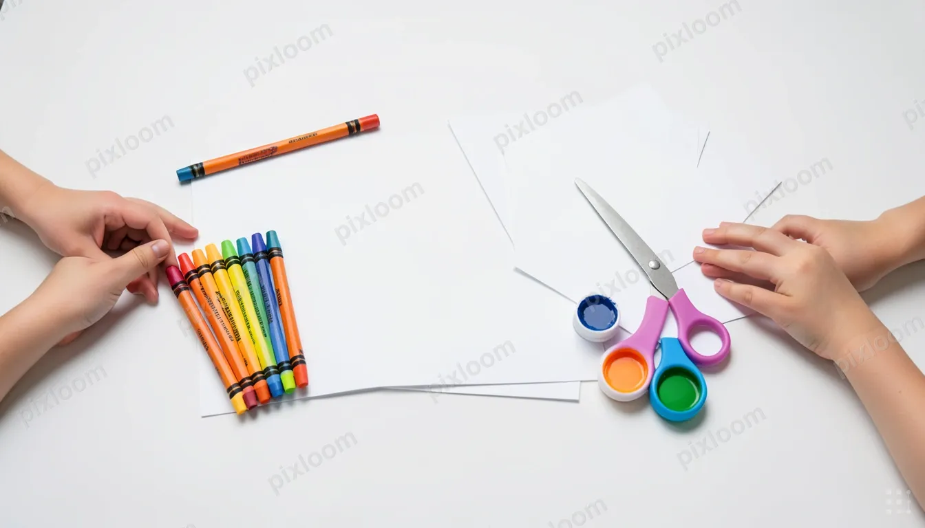 Product shot of children's art supplies — crayons, paint, pa