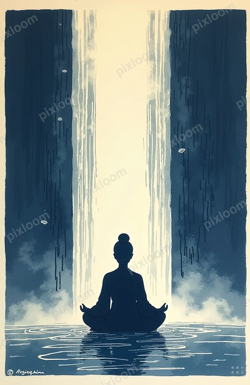 Woodblock print of a person meditating under a waterfall, tr