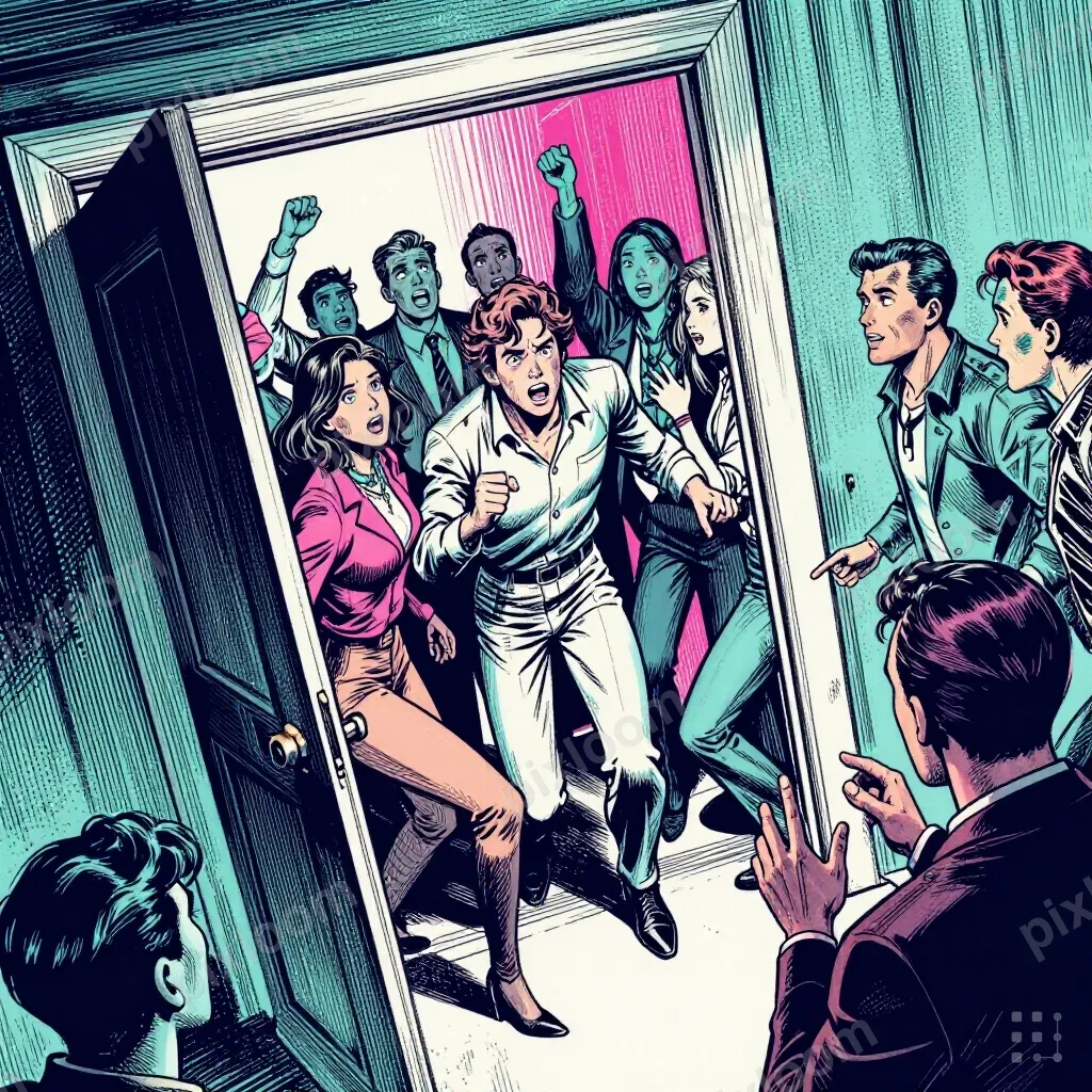 Pulp comic scene of a surprise party reveal, door swinging o
