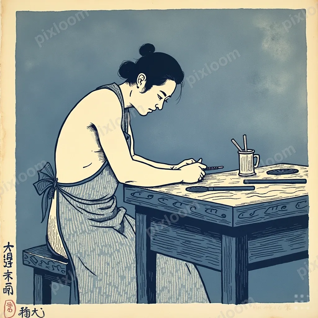 Woodblock print of a solitary craftsperson at their workbenc
