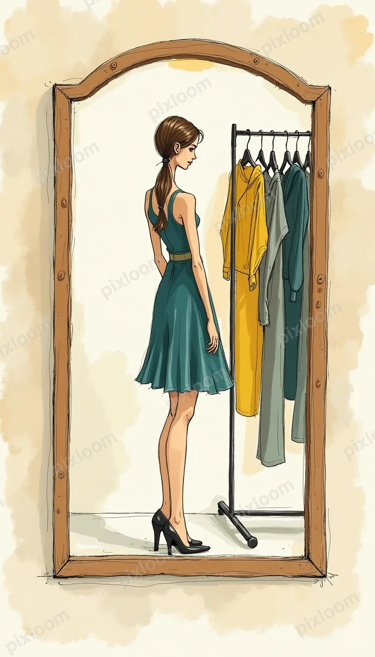 Person trying on clothes in a vintage shop, full-length mirr