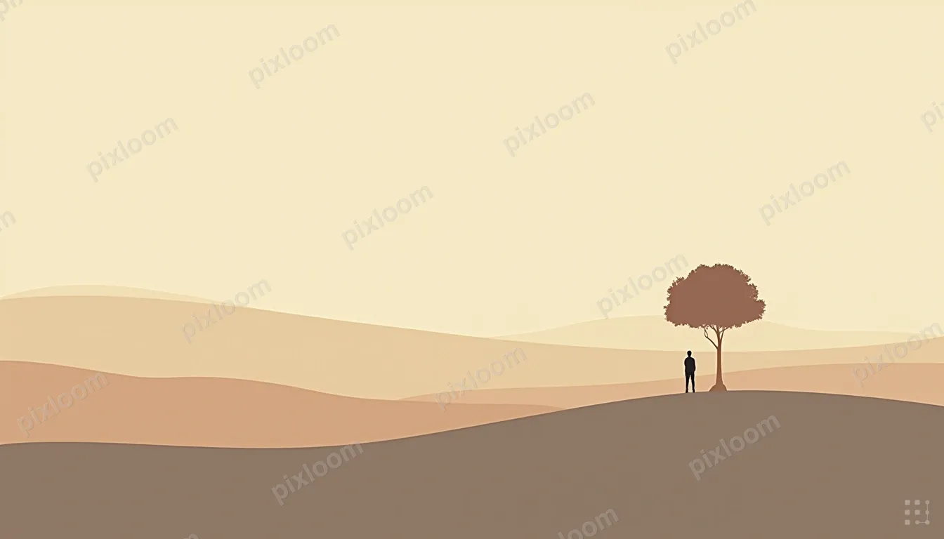 Minimalist horizon line, single tree silhouette, vast negati