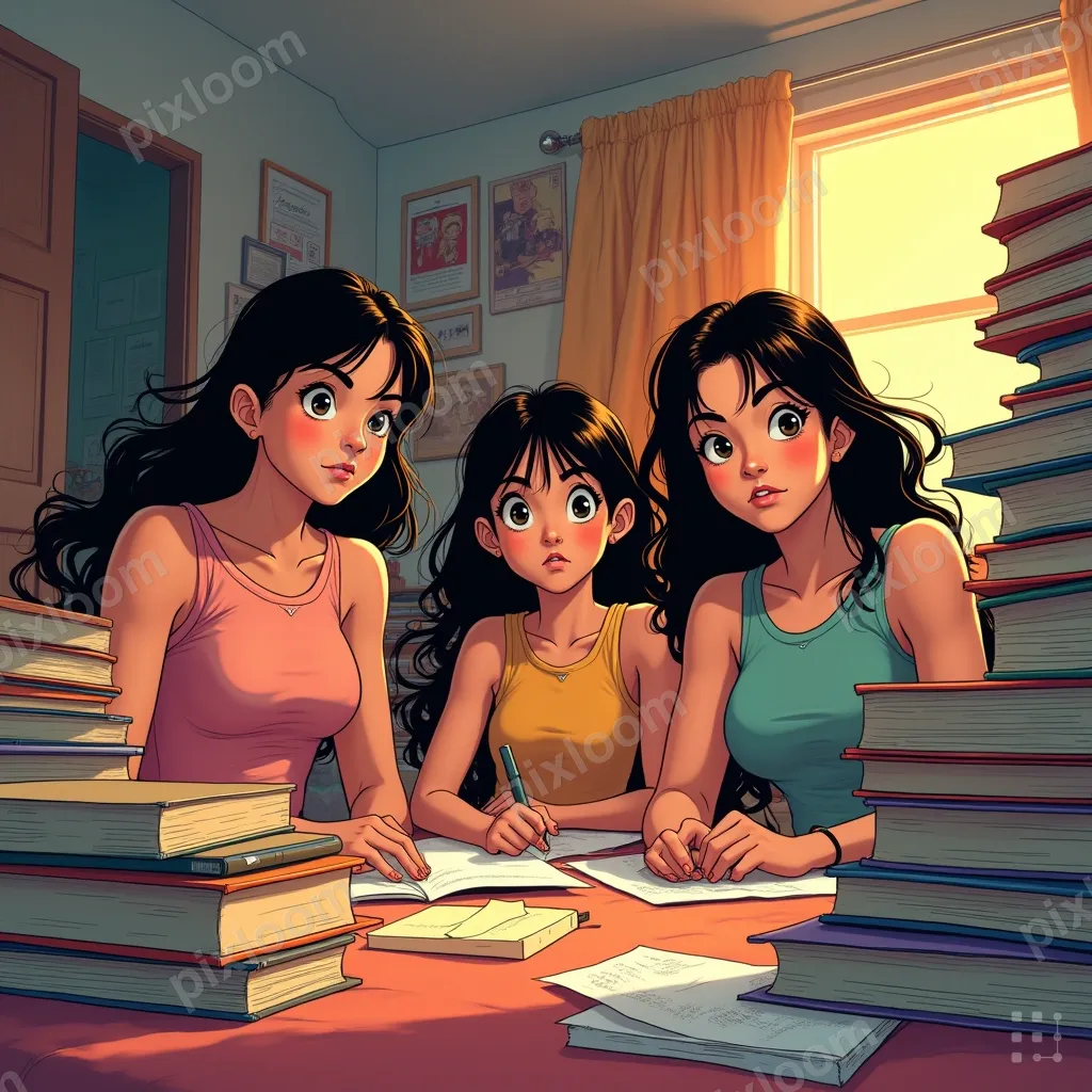 Comic-teens style study group in a bedroom, pizza boxes, tex