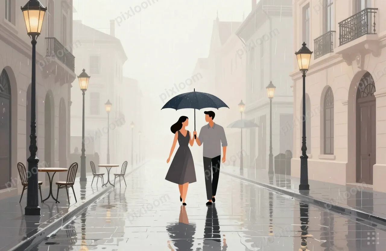 A romantic rainy city street with two people strolling benea