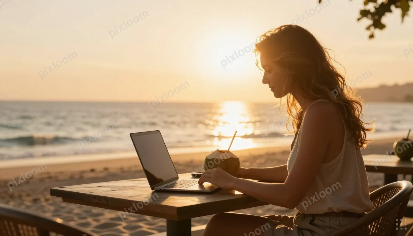 Digital nomad working from a beachside cafe, ocean in backgr