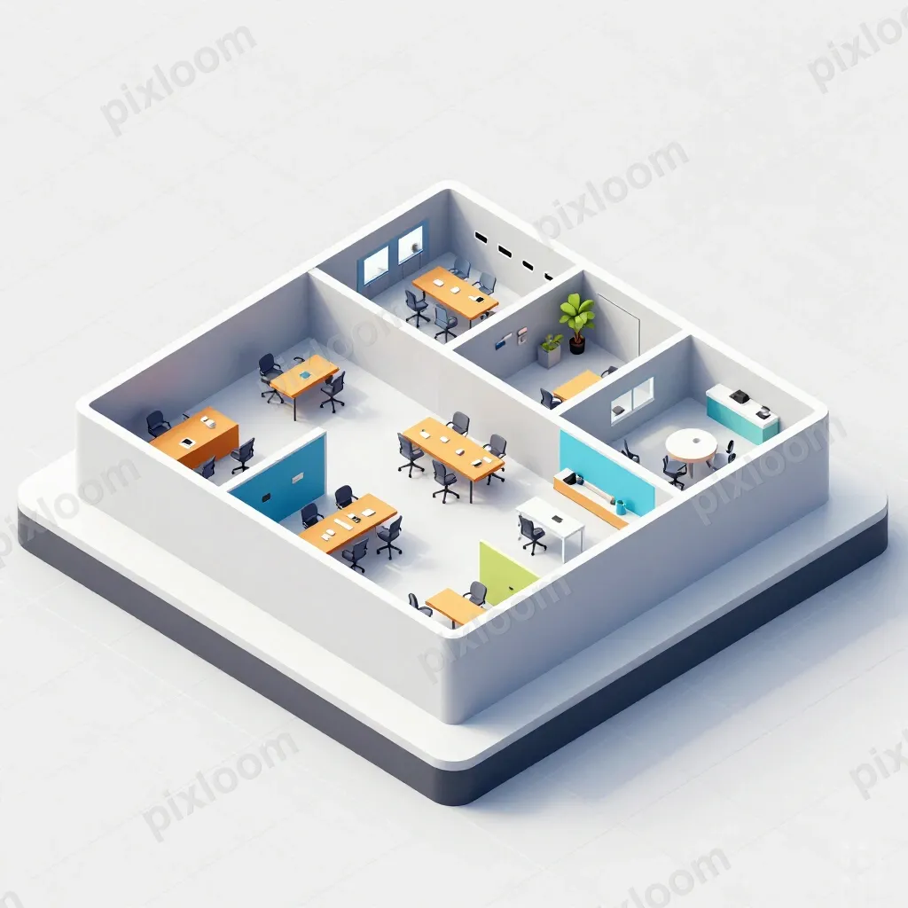 Isometric office floor plan — desks, meeting rooms, kitchen 