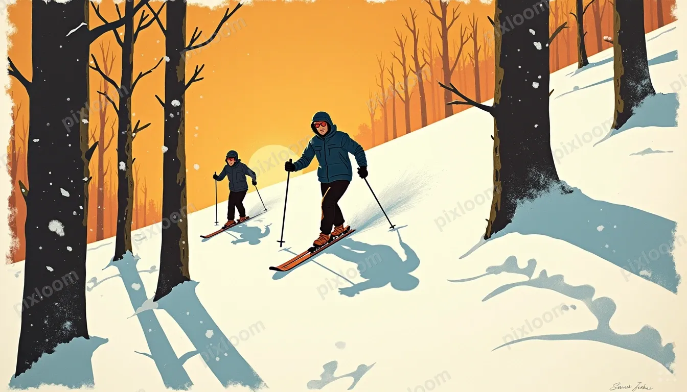 rearview Two skiers descend a snow-covered forest trail betw