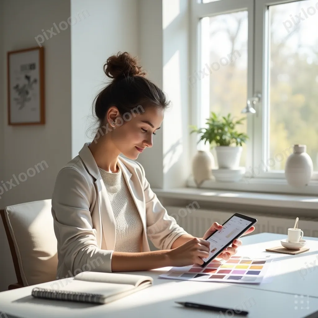 Freelance designer reviewing color swatches at a bright desk