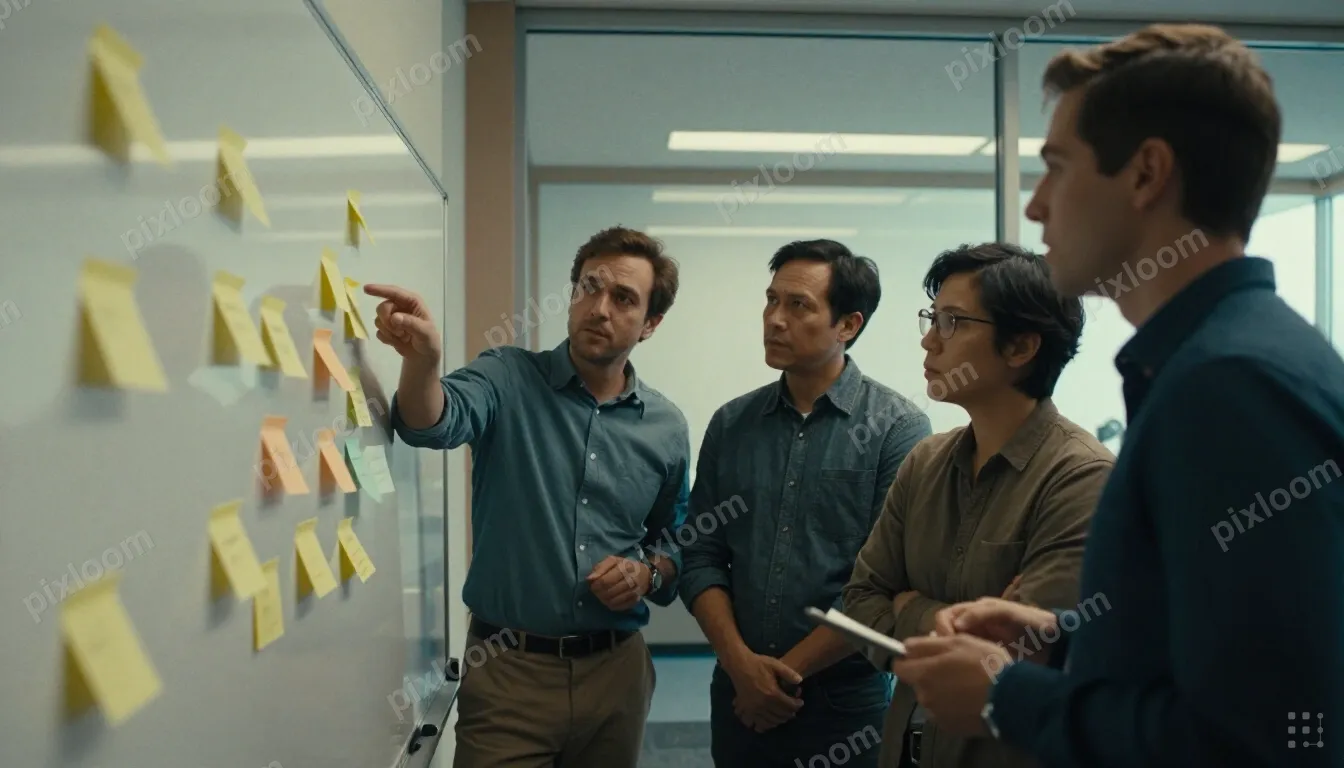 Team of four collaborating around a whiteboard in a glass-wa