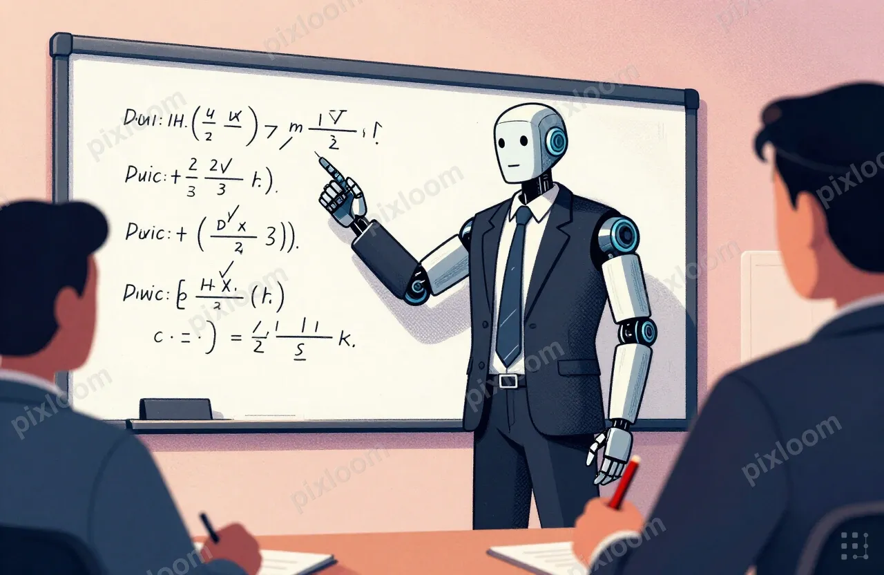 Sleek humanoid robot in a business suit stands at a whiteboa