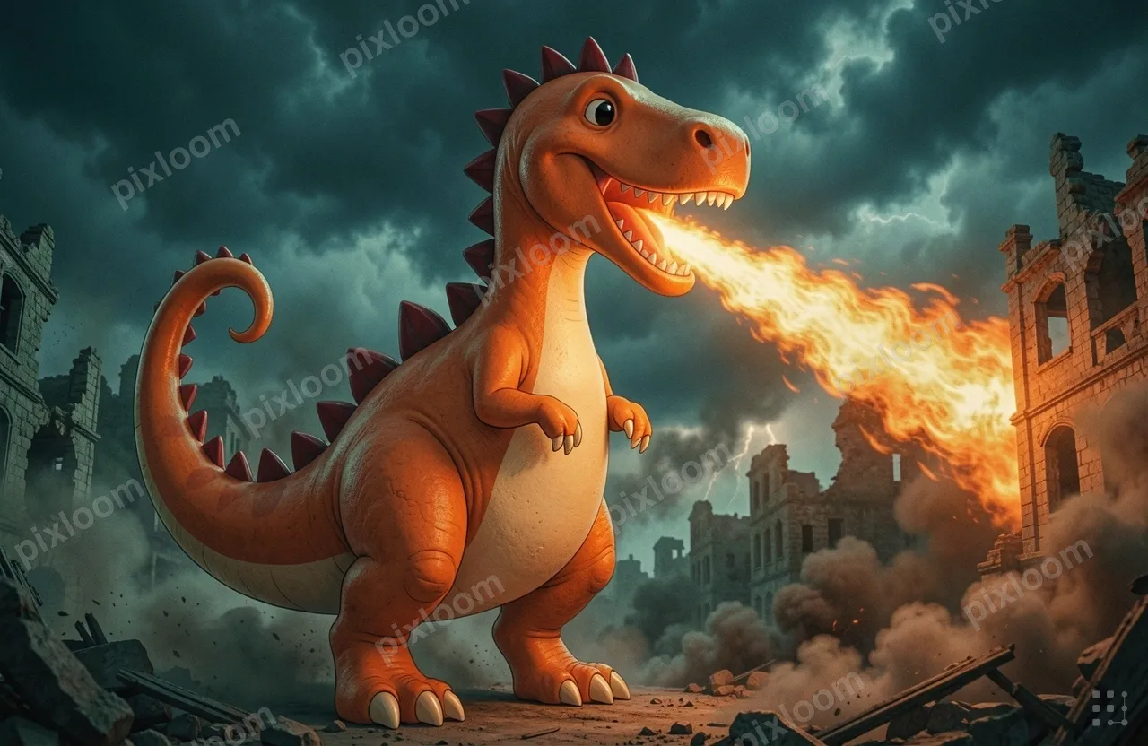 A colossal dragon coils above a ruined city,. The dragon ope