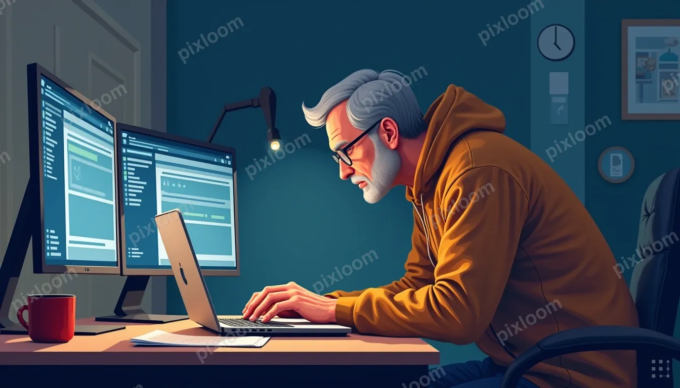A middle aged person in a hoddie hunched over a laptop late 