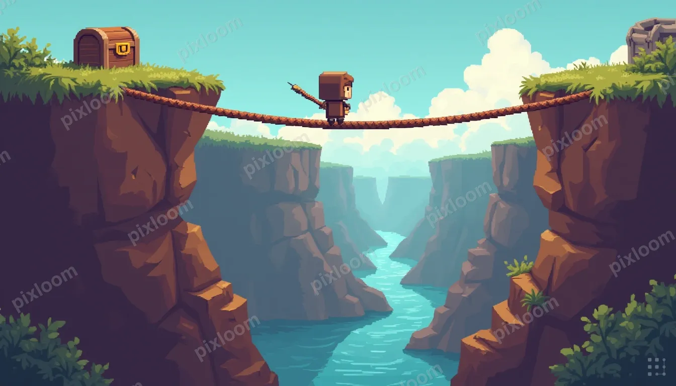 Pixel art adventure scene — character on rope bridge over ca