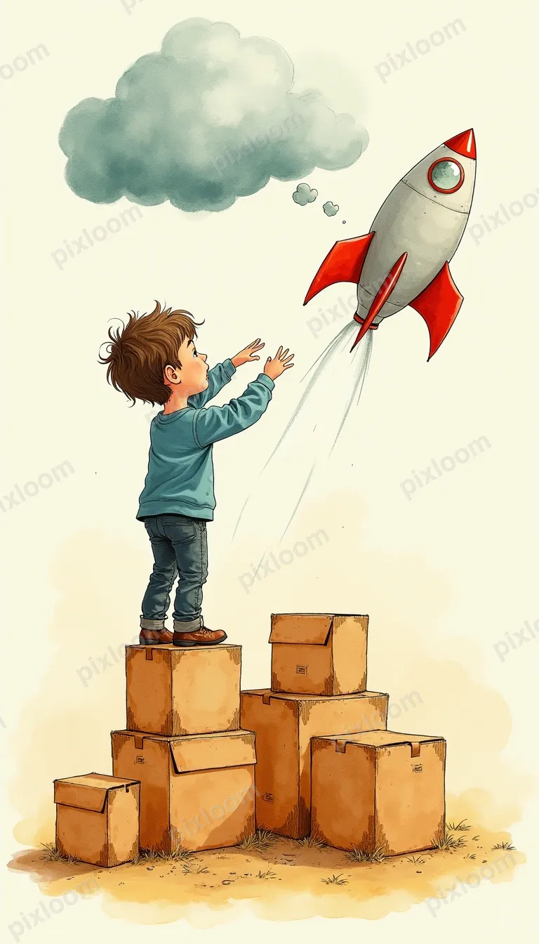 Storybook illustration of a child building a rocket ship fro
