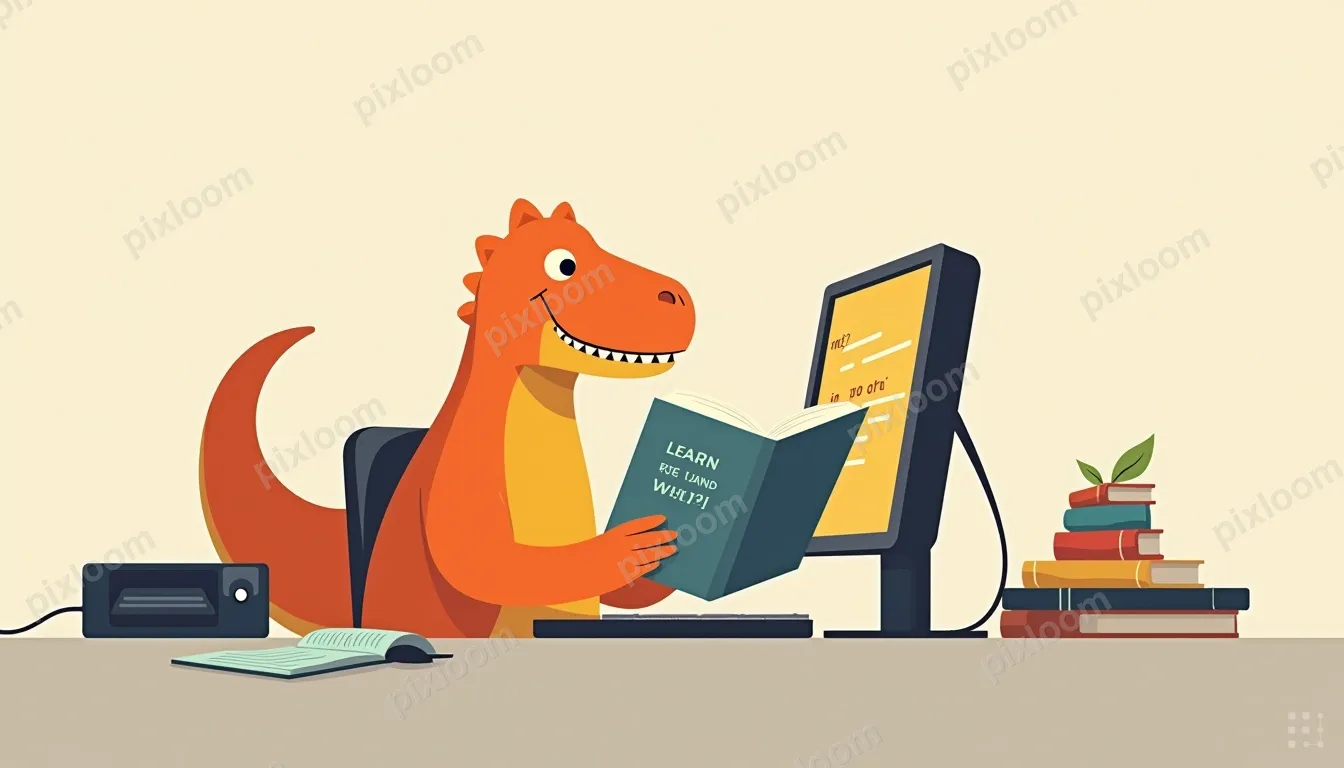 An orange dinosaur sits at a desk, reading a book titled LEA