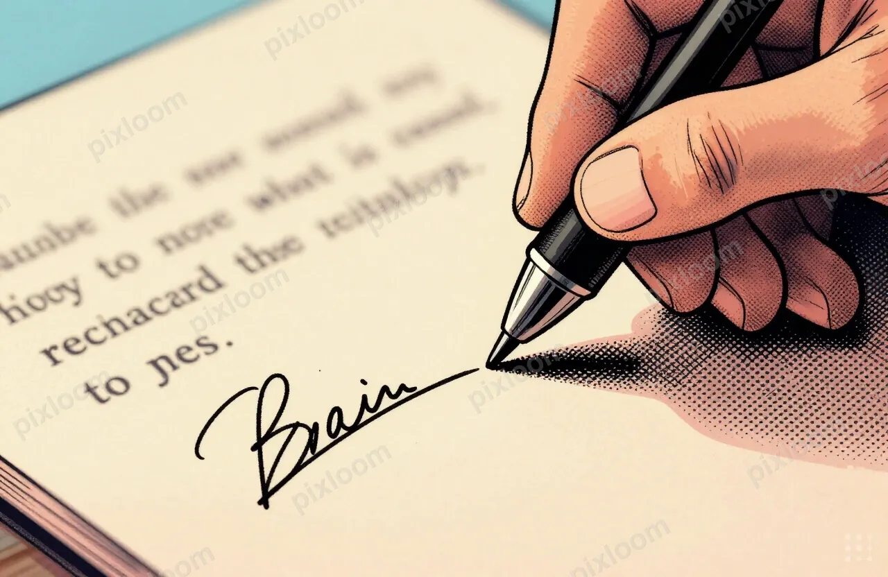 A signature line on an official document, pen tip touching t