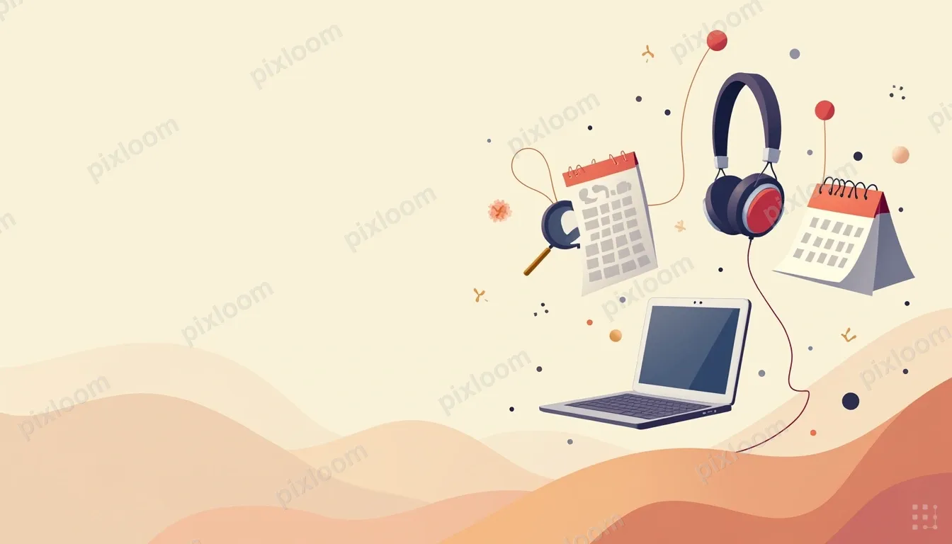 Modern illustration of remote work tools floating — laptop, 