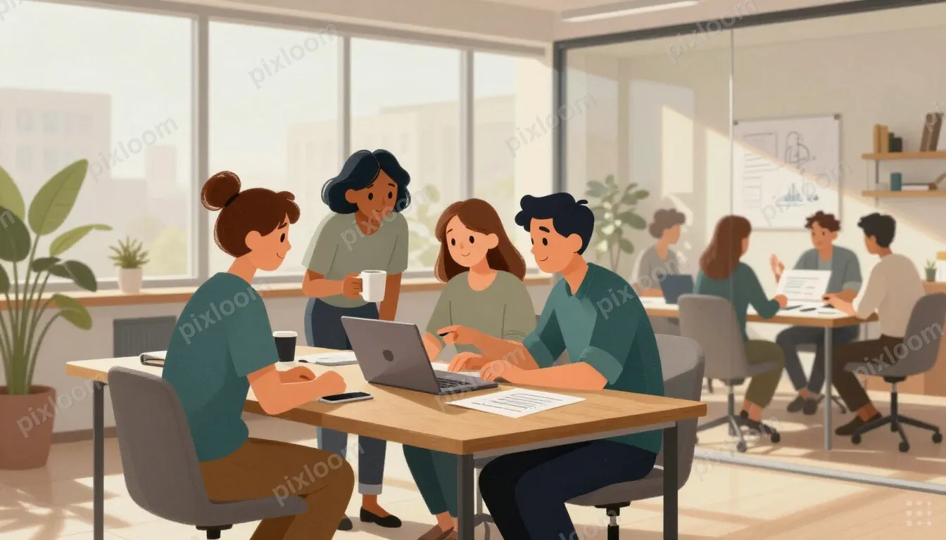 A bright, modern open-plan office, shot in natural daylight.