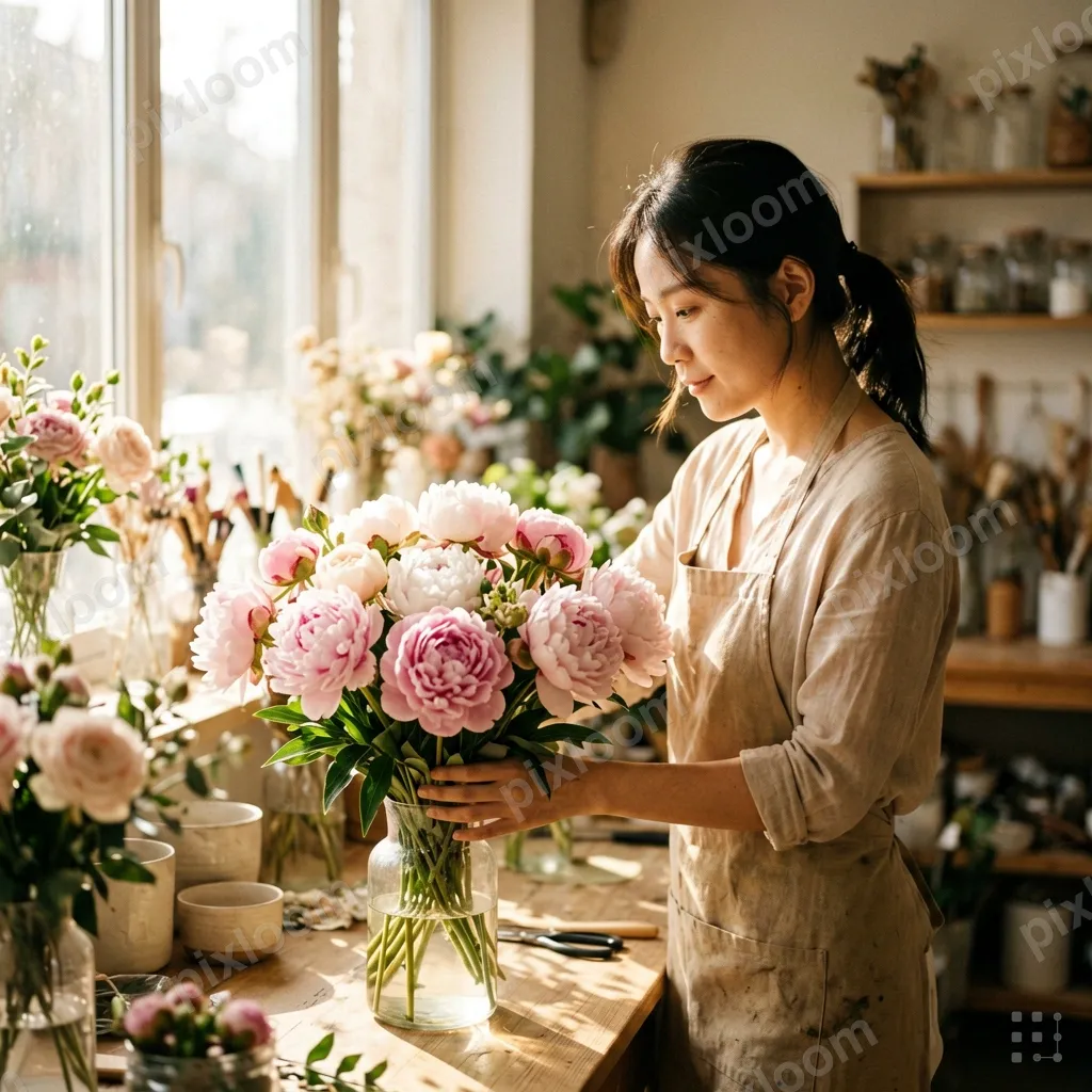 editorial photograph of a florist arranging peonies in a sun