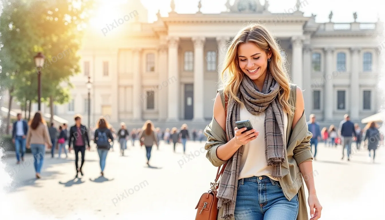 warercolor A smiling woman walks through a city square, look