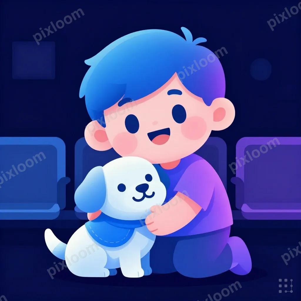 Child hugging a therapy dog, big smile, comfort animal vest,