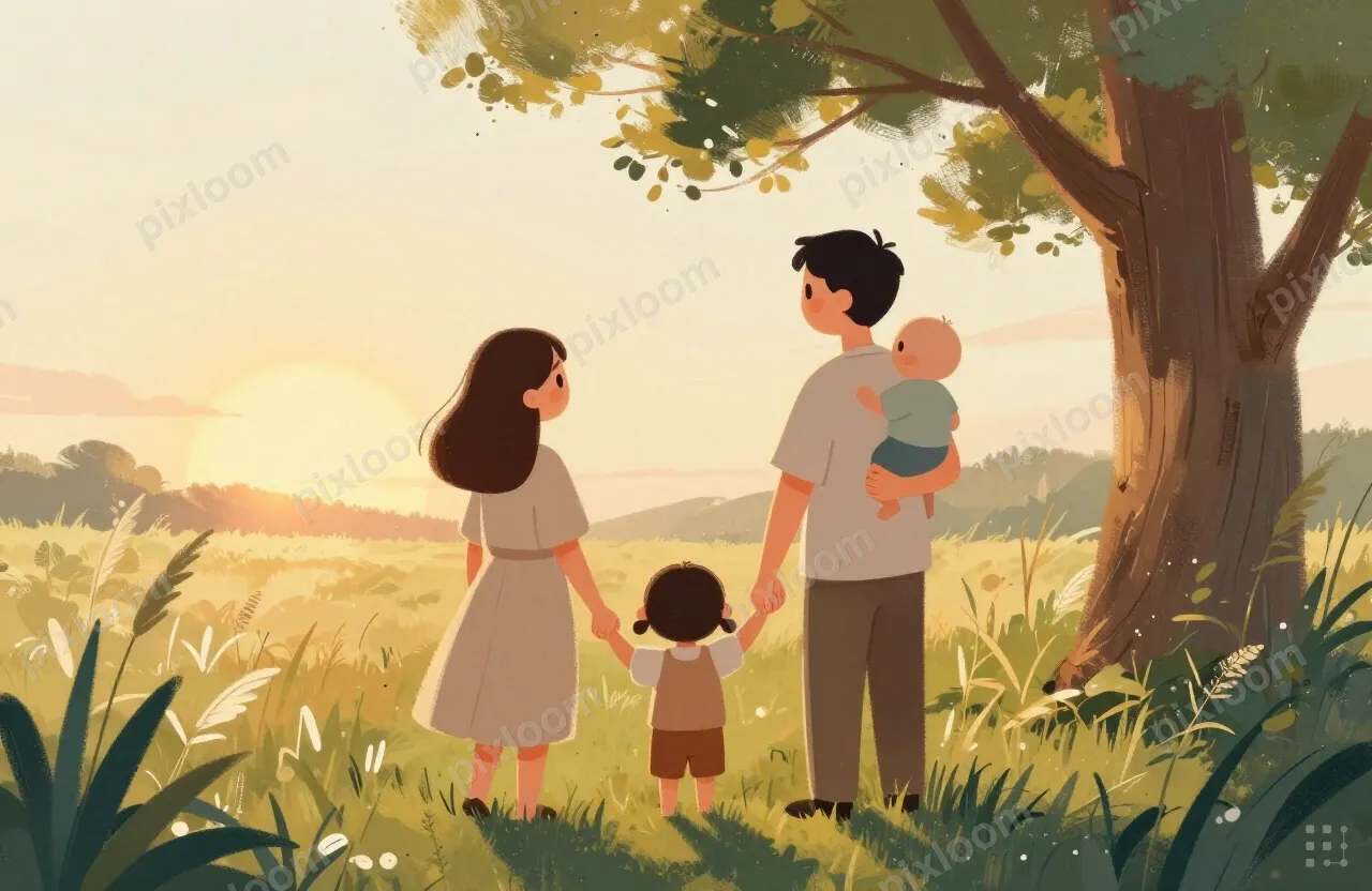 A mother, father, young girl, and infant stand hand in hand 