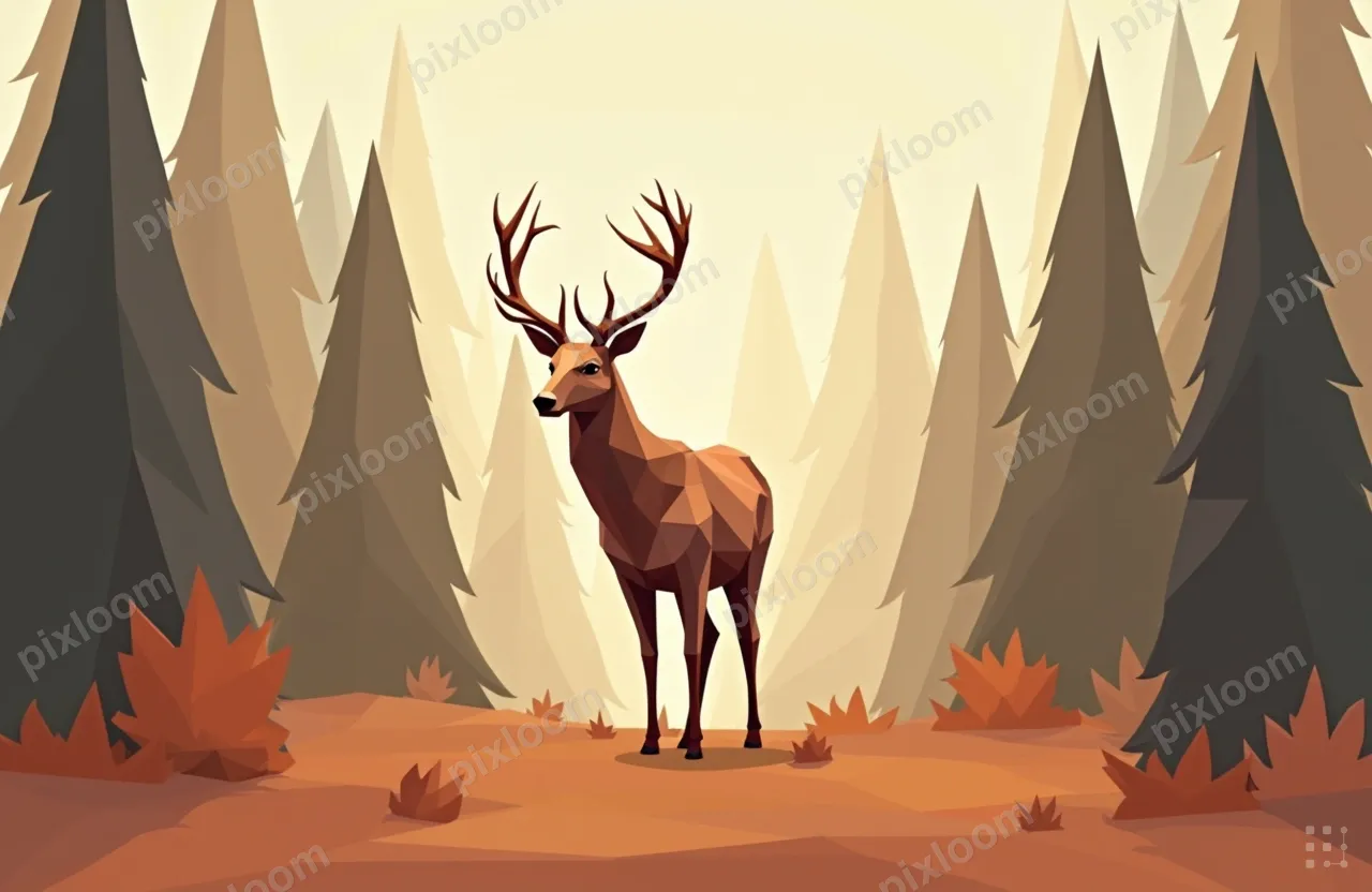 Low-poly deer standing in geometric forest, faceted surfaces