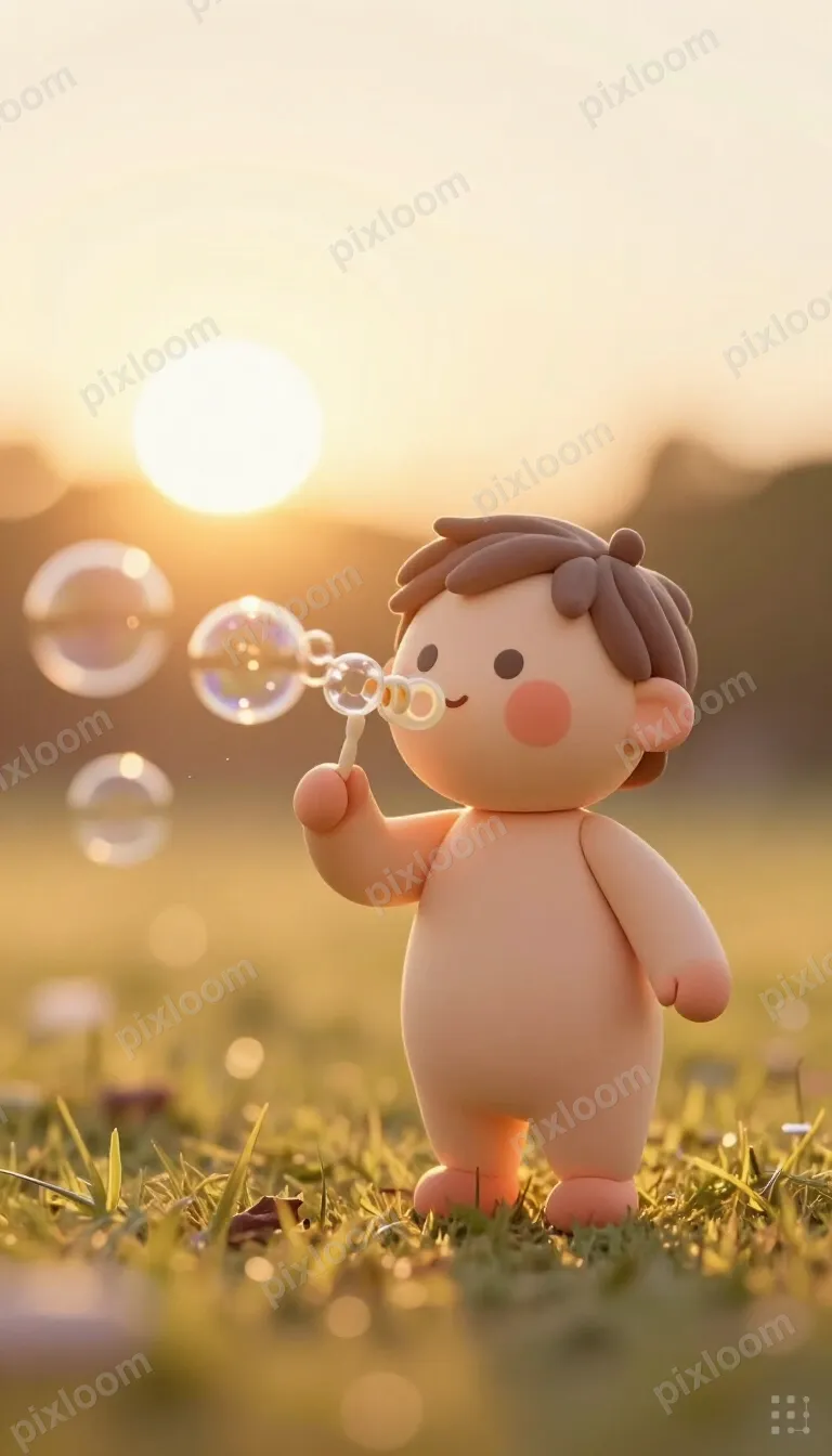 Child blowing bubbles in a meadow, carefree laughter, sunlig