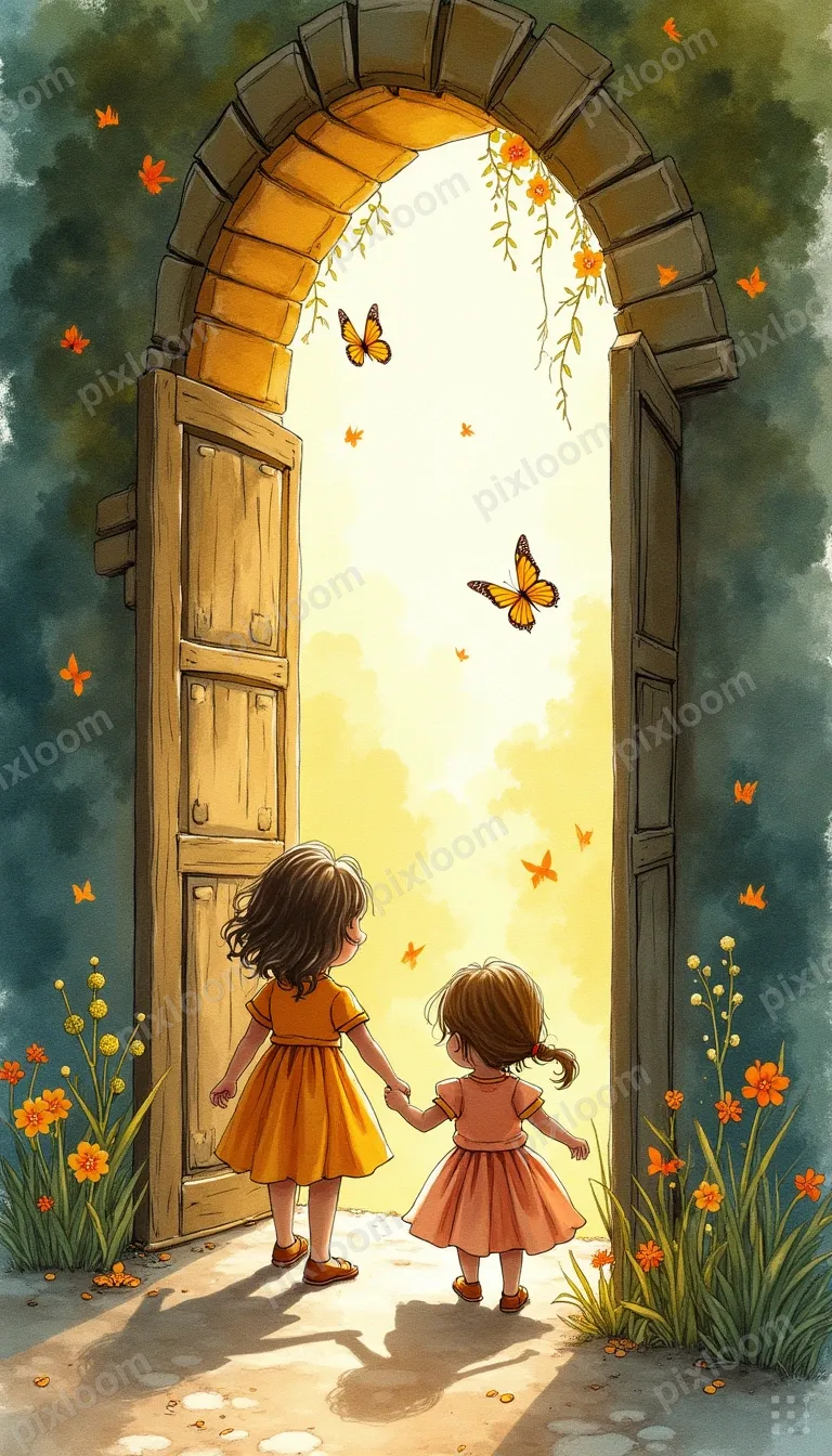 Storybook sketch of children discovering a magical garden, g