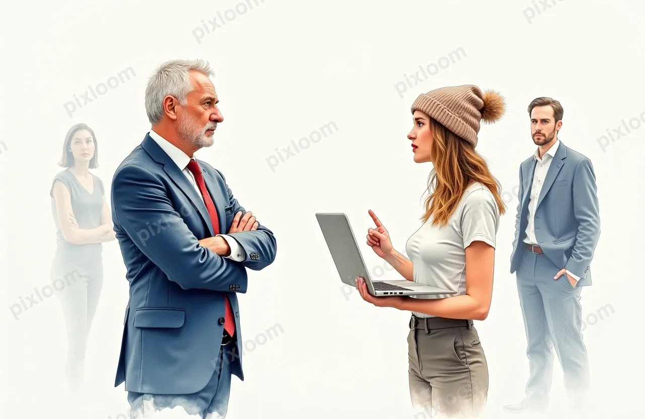 An older man in a suit stands with arms crossed, a stern exp