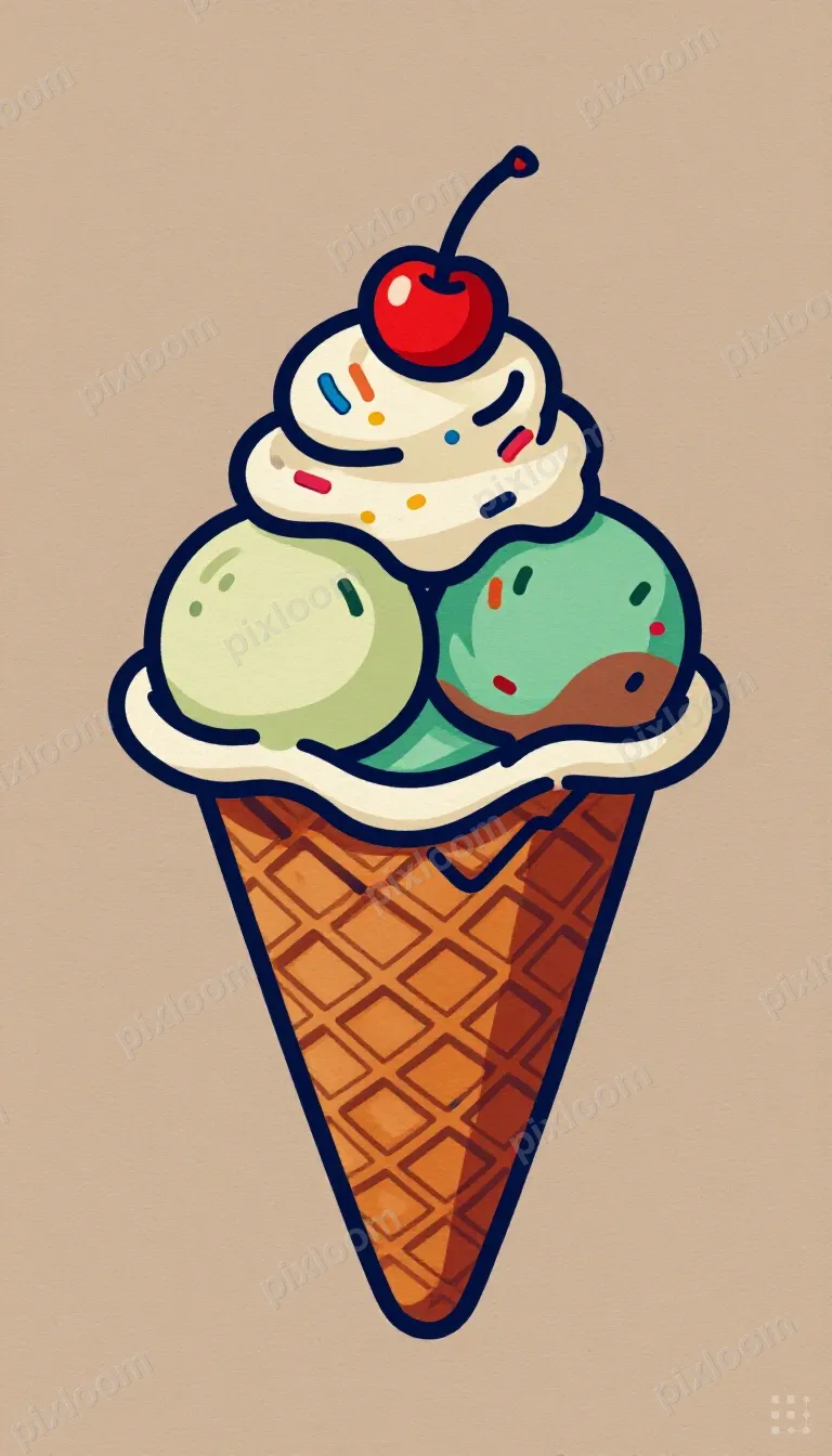 Cartoon ice cream sundae with three scoops, whipped cream, c