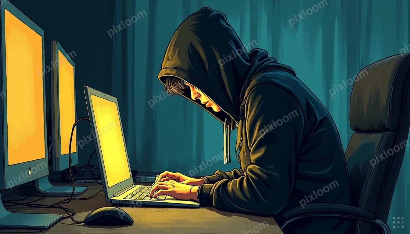 A person in a dark hoodie hunched over a glowing laptop late