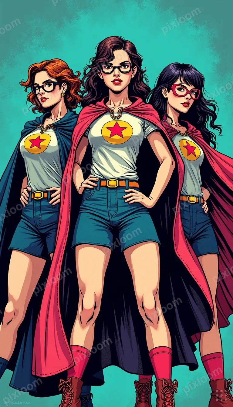 Pulp comic style teen superheroes, diverse team, dynamic act