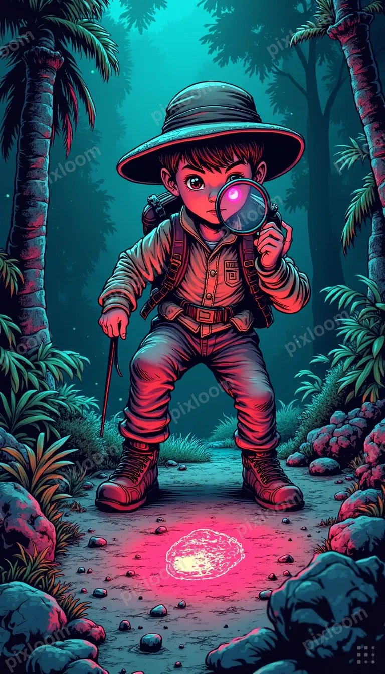 Pulp comic adventure scene — kid explorer with magnifying gl