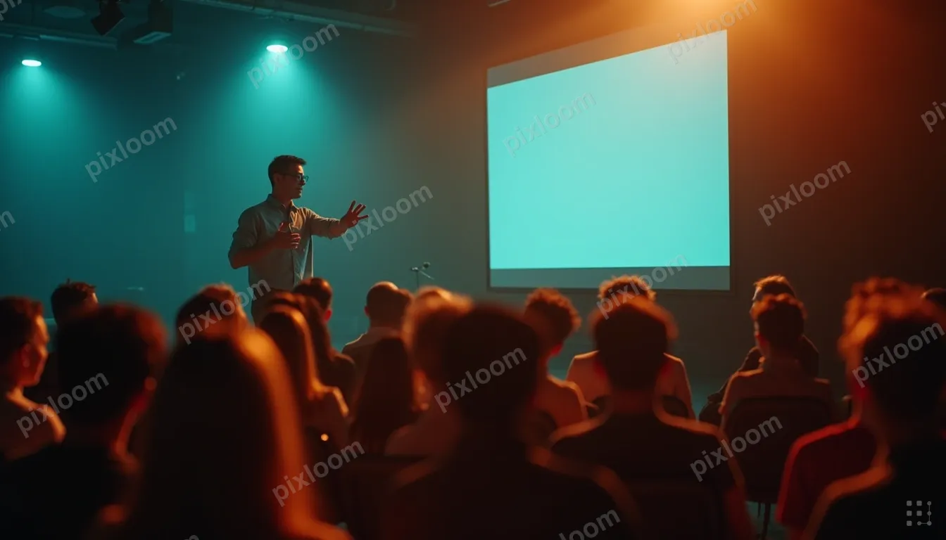 Entrepreneur presenting at a small conference, gesturing at 
