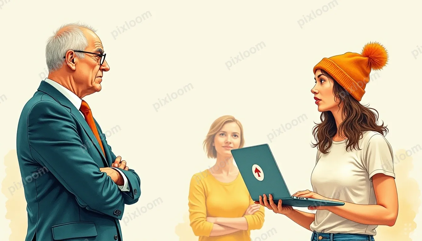 An older man in a suit stands with arms crossed and a stern 